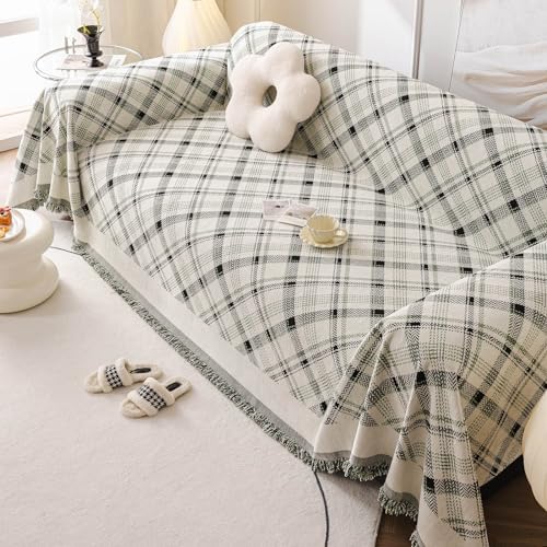 DREAMINGO Beige Plaid Sofa Cover 71x118 Inch Reversible Chenille Slipcover