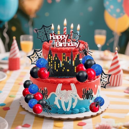 48 PCS Spider Themed Superhero Birthday Cake Decorations