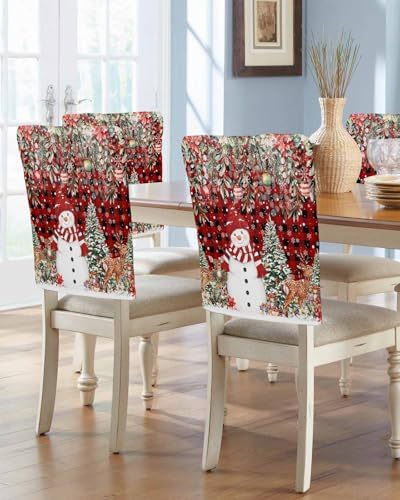 Red Plaid Snowman Christmas Chair Covers Set of 4 for Dining Room