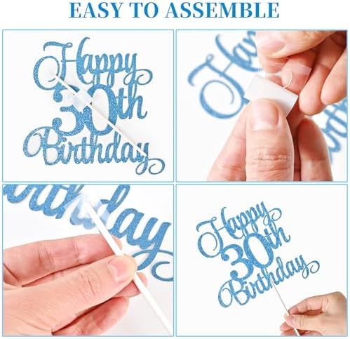 30th Birthday Cake Toppers Set with Glitter Decorations Blue