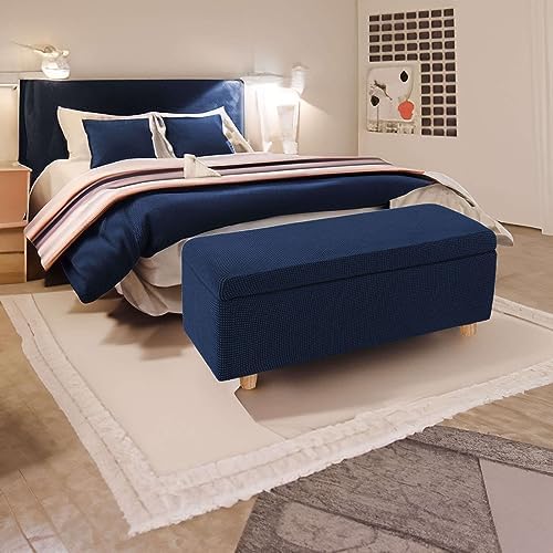 2 Piece Plaid Ottoman Covers for Rectangular Ottomans - Navy Blue Large