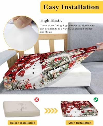 Red Black Christmas Snowman Sofa Cushion Covers Washable Removable Stretchable Sectional Covers