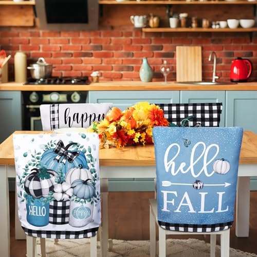 6 Pcs Fall Chair Covers Set Buffalo Plaid Blue Pumpkin