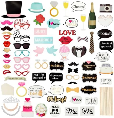 72 Pieces Wedding Photo Booth Props with Stickers and Sticks