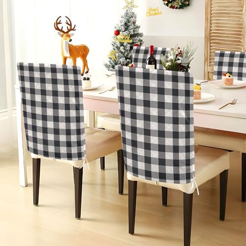 2 Pcs Chair Back Covers White Black Plaid Dining Slipcovers