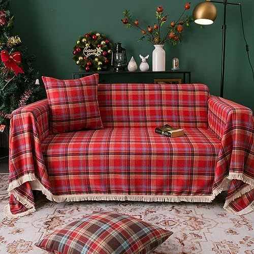 Christmas Plaid Sofa Cover with Tassels and Elastic