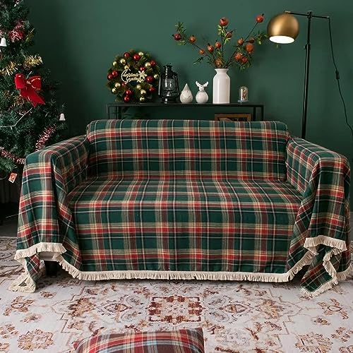 Christmas Plaid Sofa Cover with Tassels and Elastic