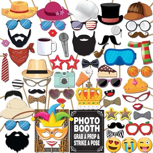 Party Photo Booth Props - 60 Piece Kit with Sign Sticks Adhesive Pads