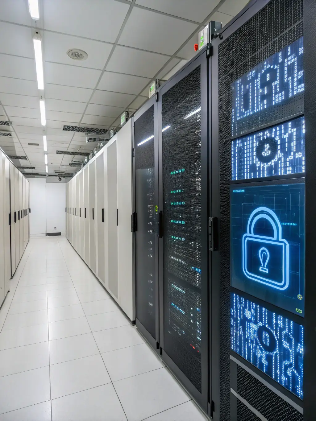 A secure data center filled with servers, with a holographic overlay displaying data streams and security protocols, emphasizing data protection and efficiency.