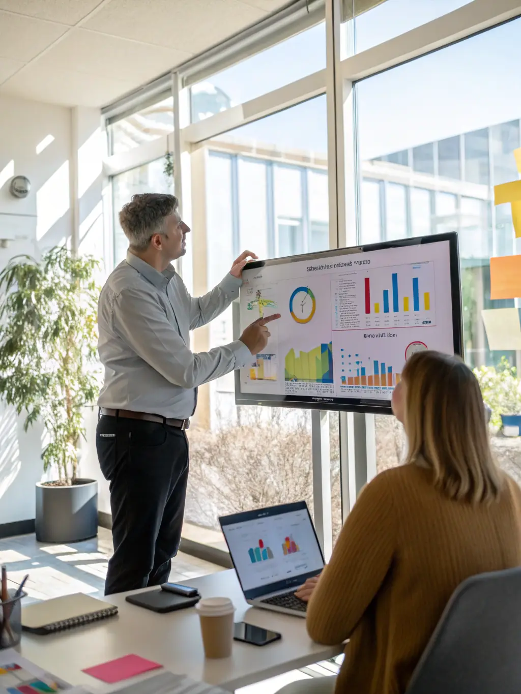 A professional consultant in a suit, smiling confidently while pointing at a digital dashboard displaying key performance indicators, set in a modern office environment.