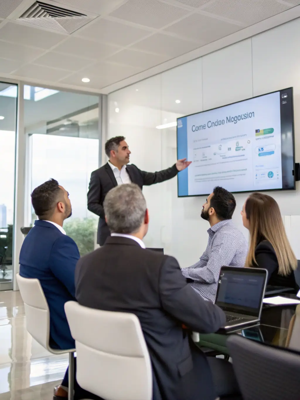 A consultant presenting a cloud migration strategy on a tablet to a business executive, with a cityscape visible through the office window, symbolizing scalability and innovation.