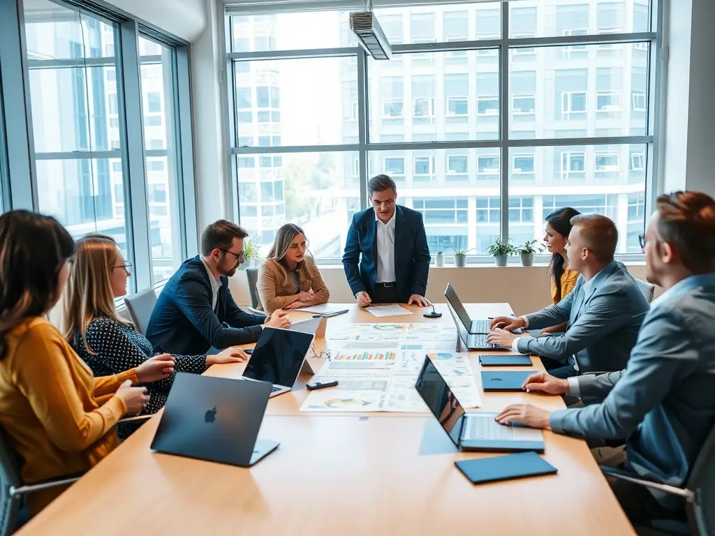 An image depicting a team of consultants discussing technology strategies in a modern office setting, symbolizing FIBERFURYTECH LTD's Technology Strategy Consulting service.