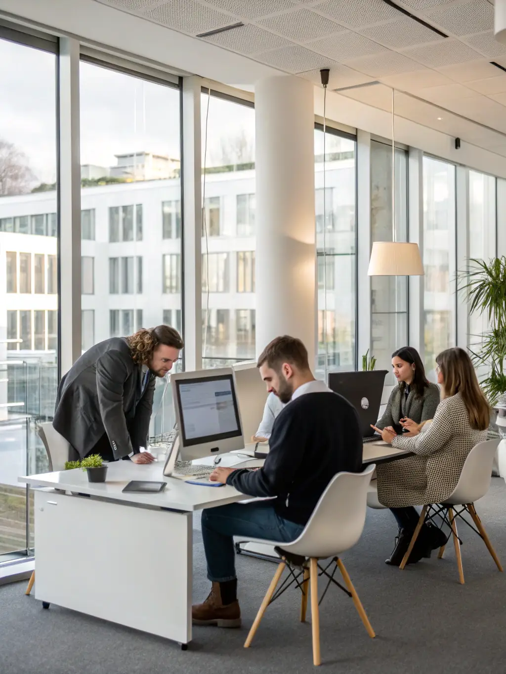 A team of diverse IT professionals collaborating around a large interactive screen displaying a network architecture diagram, in a brightly lit, collaborative workspace.